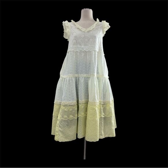 Sew What? Upcycling Dresses & Skirts - Pale yellow Upcycled shabby chic eyelet Boho Prairie dress with 3 tiers, size M